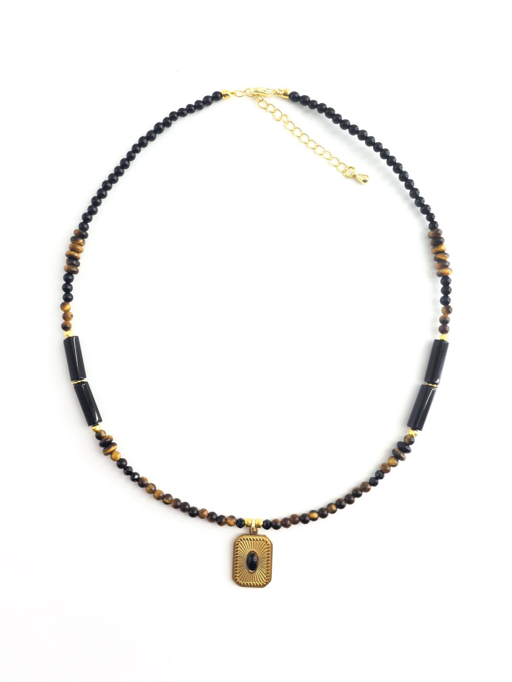 Solitude Gaze Necklace, Black Onyx, Tiger's Eye, Golden Pendant
