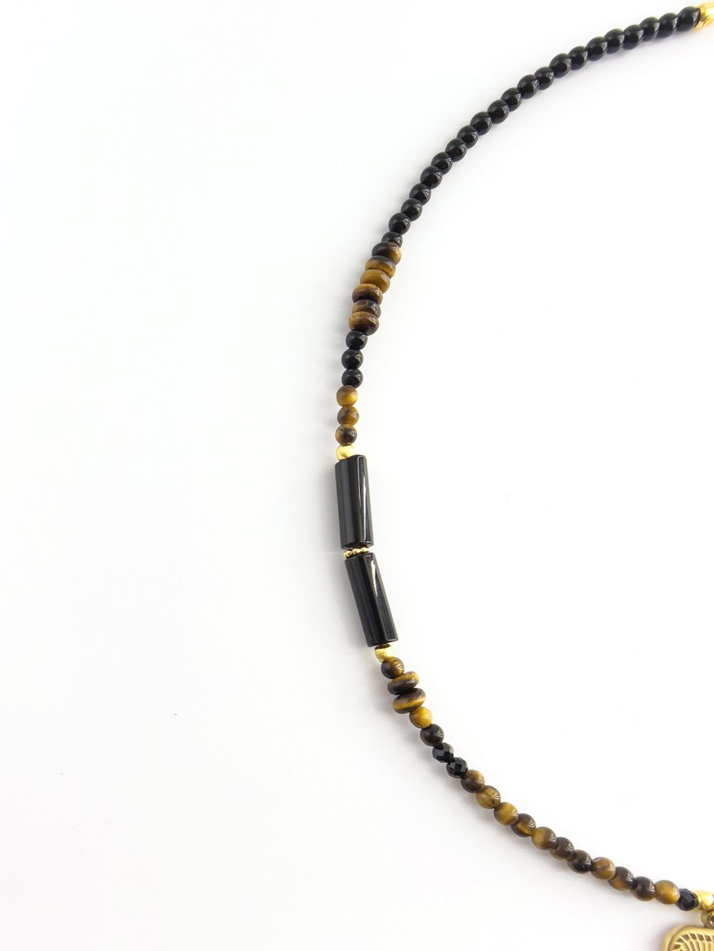 Solitude Gaze Necklace, Black Onyx, Tiger's Eye, Golden Pendant - Image 2